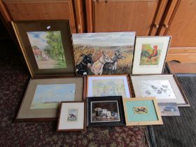Paintings and prints to include greyhounds and hunting etc