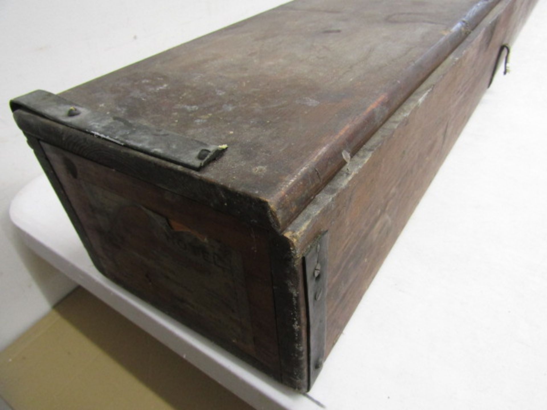 An antique salmon fishing rod transporting case bearing various travel labels - Image 7 of 12