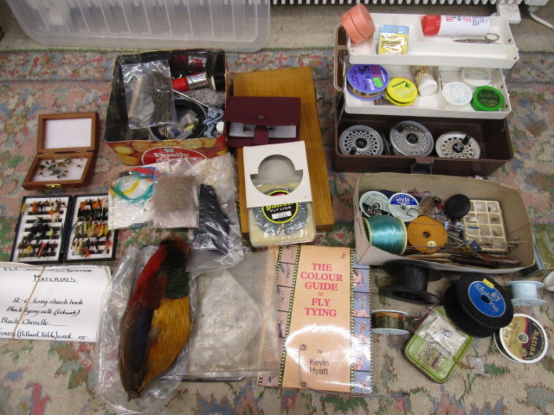 Fly fishing lot- hand tied flies and materials for making fly's, a book and various other related