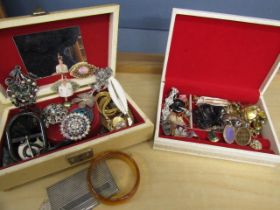 costume jewellery and white metal mourning brooch, a cig case in 2 jewellery boxes