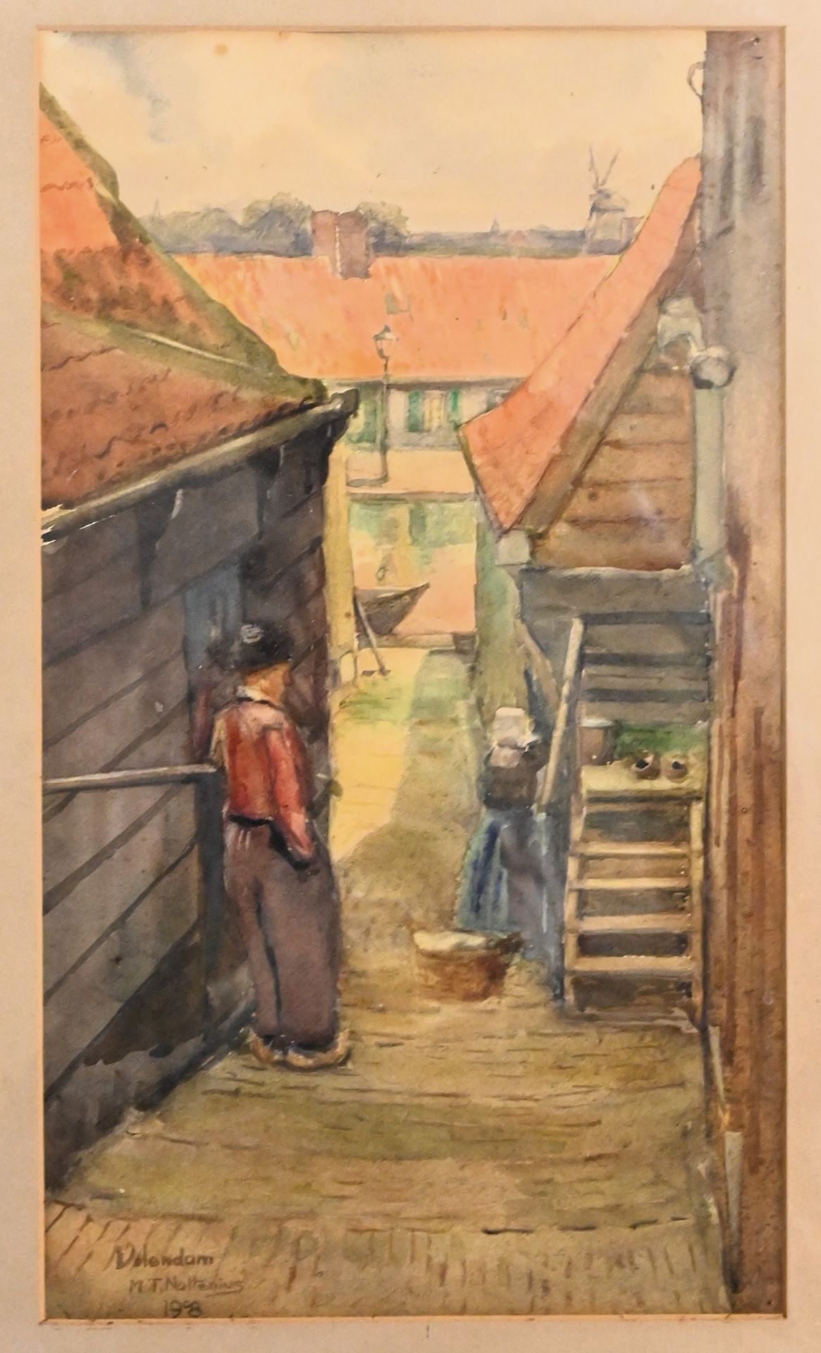 M T Noltenius, two framed and glazed watercolours street scenes in Volendam, Holland. signed lower