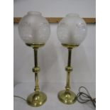 A pair 19thC heavy brass lamps with (modern) etched globe shades 75cmH