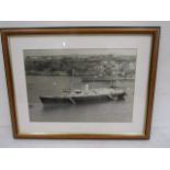 A picture of The Royal Britannia yacht on tour with a picture on verso of the escort 52x40cm