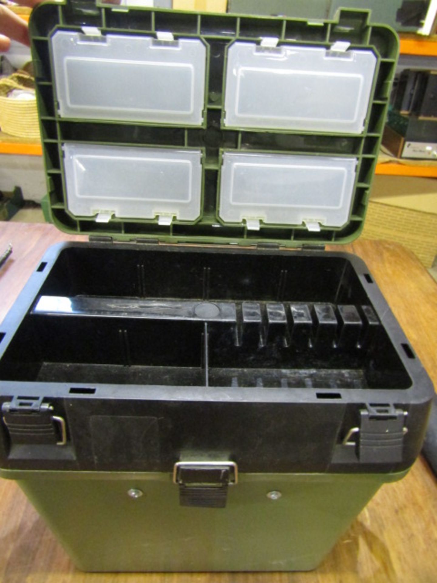 A fishing tackle seat box with compartments and cases inside - Image 2 of 4