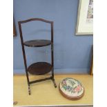 Mahogany folding cake stand and tapestry topped stool