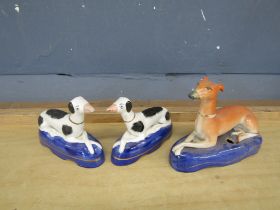 3 Staffordshire style greyhound figurines. Tallest 13cm approx