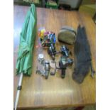 Fishing umbrella, 4 reels, landing net and tackle