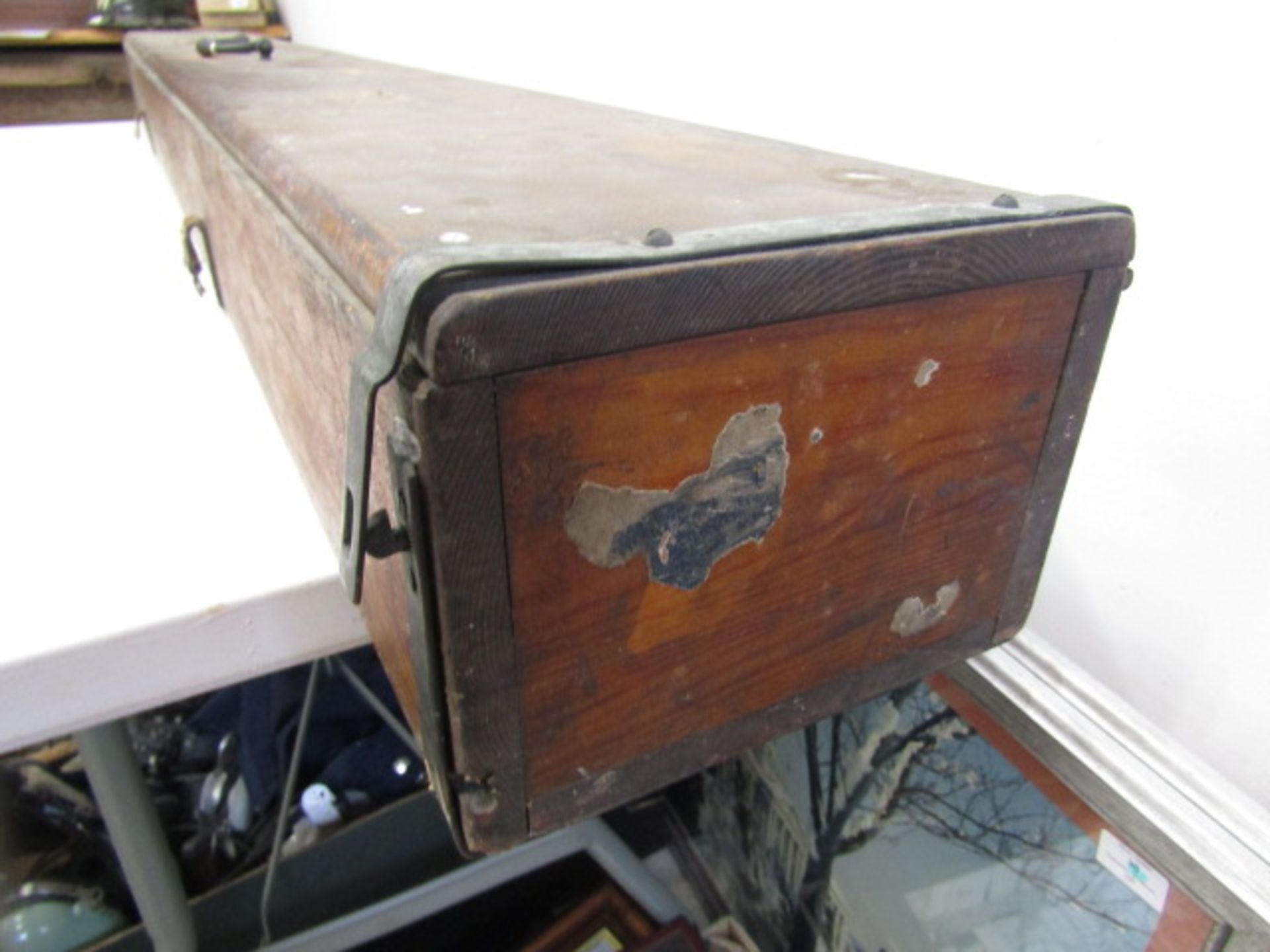 An antique salmon fishing rod transporting case bearing various travel labels - Image 12 of 12