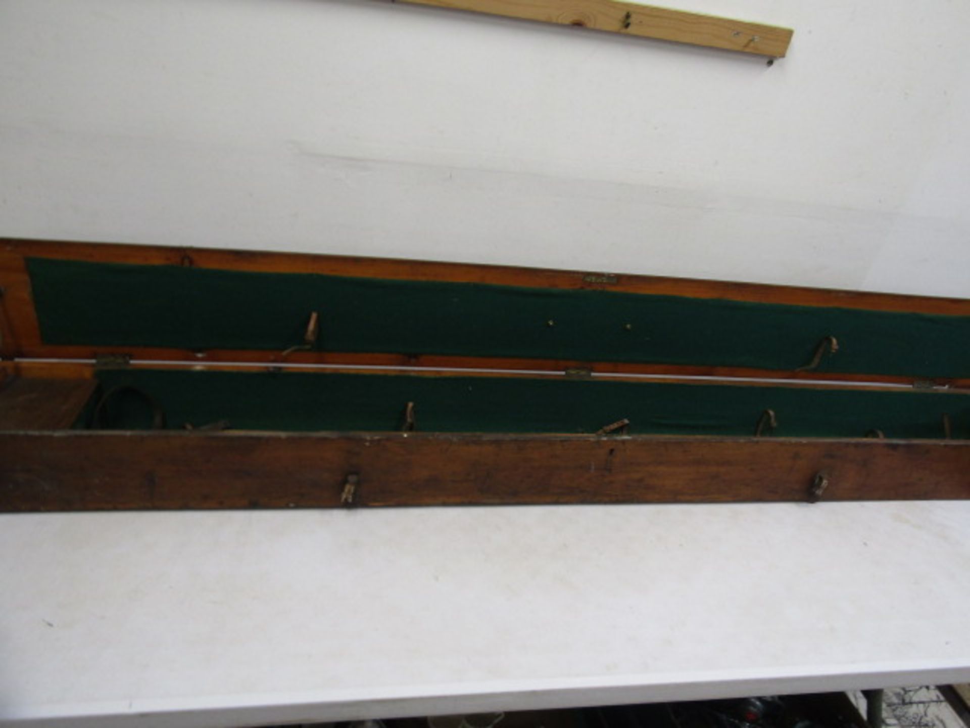 An antique salmon fishing rod transporting case bearing various travel labels - Image 2 of 12