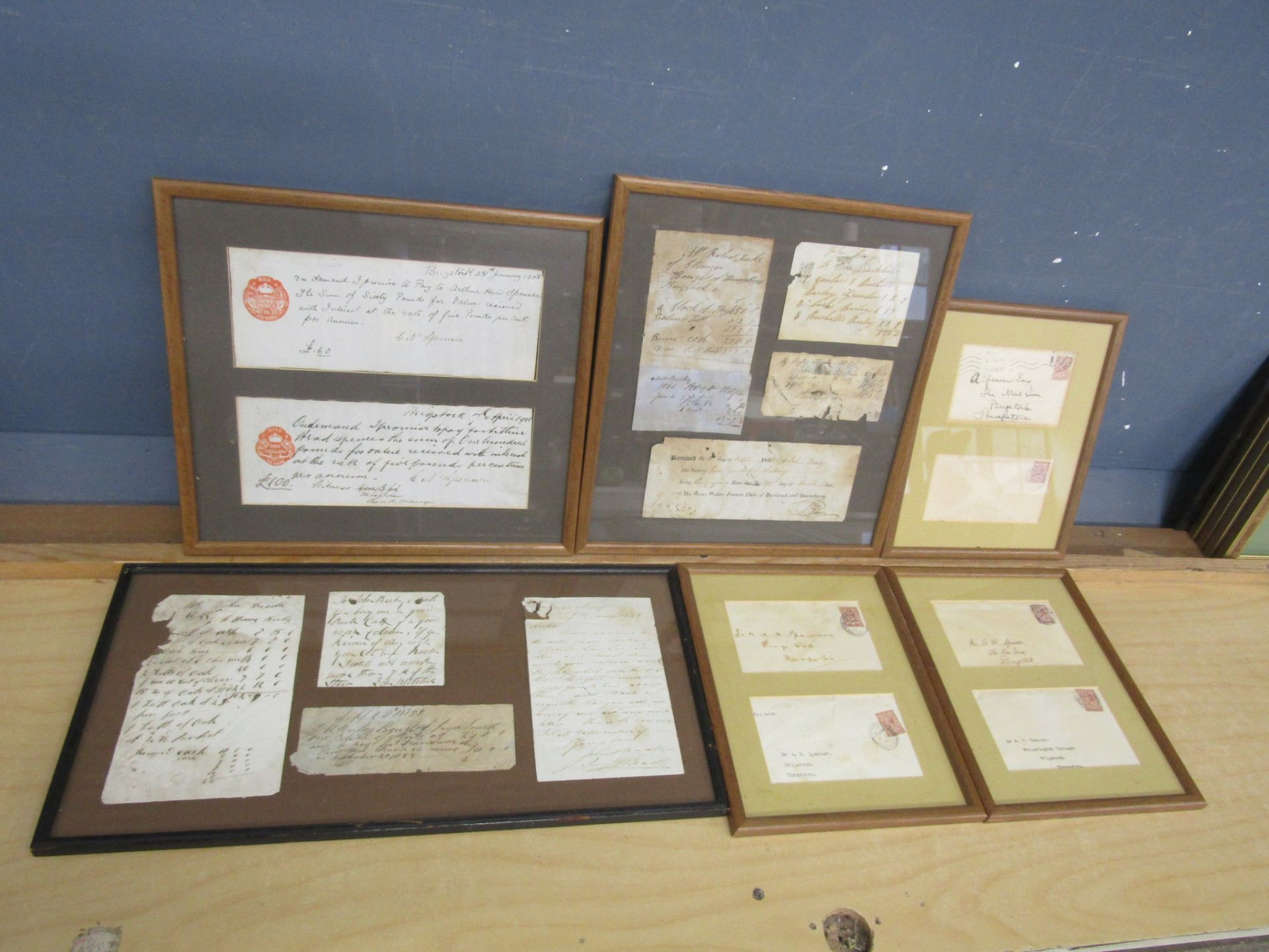 Framed antique legal documents, receipts etc