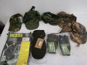 5 Jack Pyke hats, 1 Dickies waterproof suit XL, 2 pairs mittens half finger and  pair full