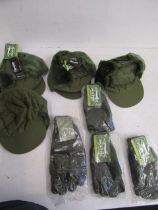 4 Jack Pyke hats and 3 pairs half finger mittens and 1 full gloves. all new with tags