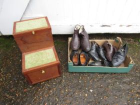 A shoe shine seat with contents along with vintage shoe lasts