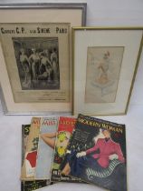 Framed Antique original French advertising print for ladies corsets, A coloured costume sketch