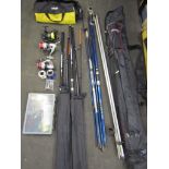 4 Sea fishing rods, 3 reels, a pole and box of tackle