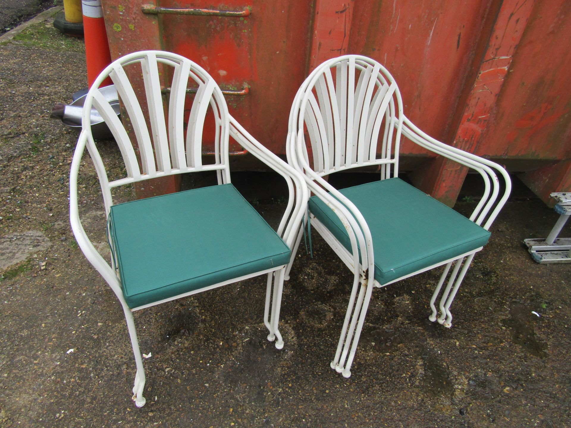 Set of 6 vintage stacking metal garden chairs with 8 seat pads