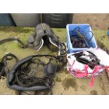 Equestrian lot- bridle ware, driving harness, saddle, stirrups etc