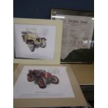 A framed part newspaper dating 1887 and 2 classic car prints- un framed