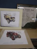 A framed part newspaper dating 1887 and 2 classic car prints- un framed