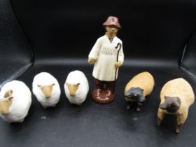 A Shepherd, Ram and 3 sheep (plus a lamb not pictured). stamped RC on bases plus soft wood?
