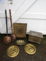 Brassware collection- coal box, fire guard, 2 bed pans and 3 brass plates