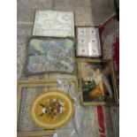 a quantity of pictures inc shell bird, dried flower display etc and a tiled tray