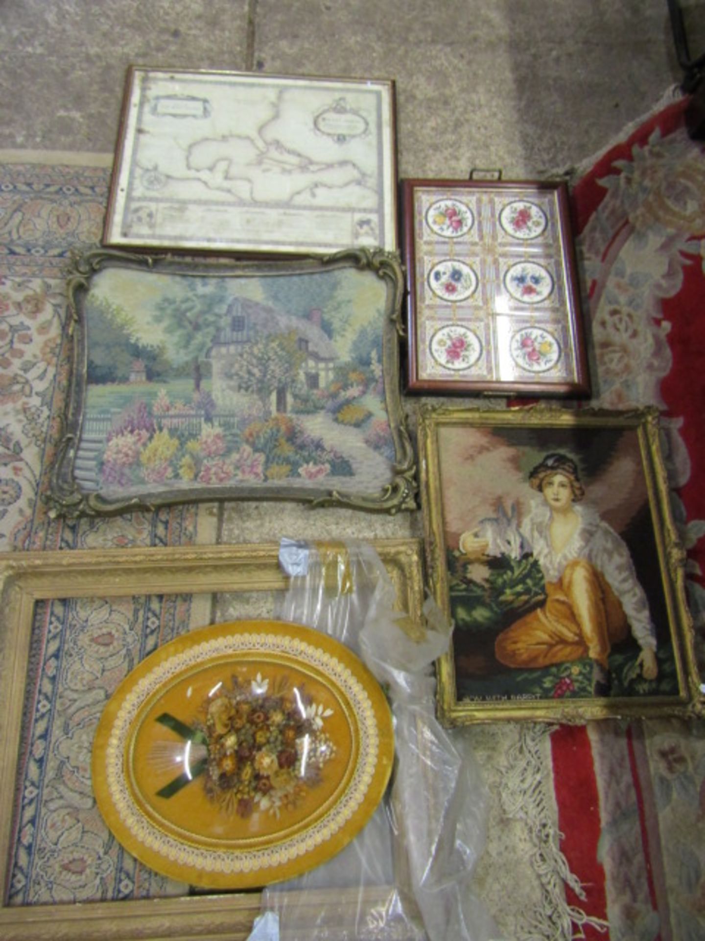 a quantity of pictures inc shell bird, dried flower display etc and a tiled tray
