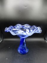 Blue glass pedestal dish 23cmH 27cmDia