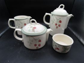 Wedgwood 'Raspberry Cane' teapot, coffee pot, jug and sugar bowl good condition