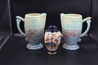 Pair of art deco style jugs stamped 'Oran' on base, approx 21cm tall together with a japanese vase