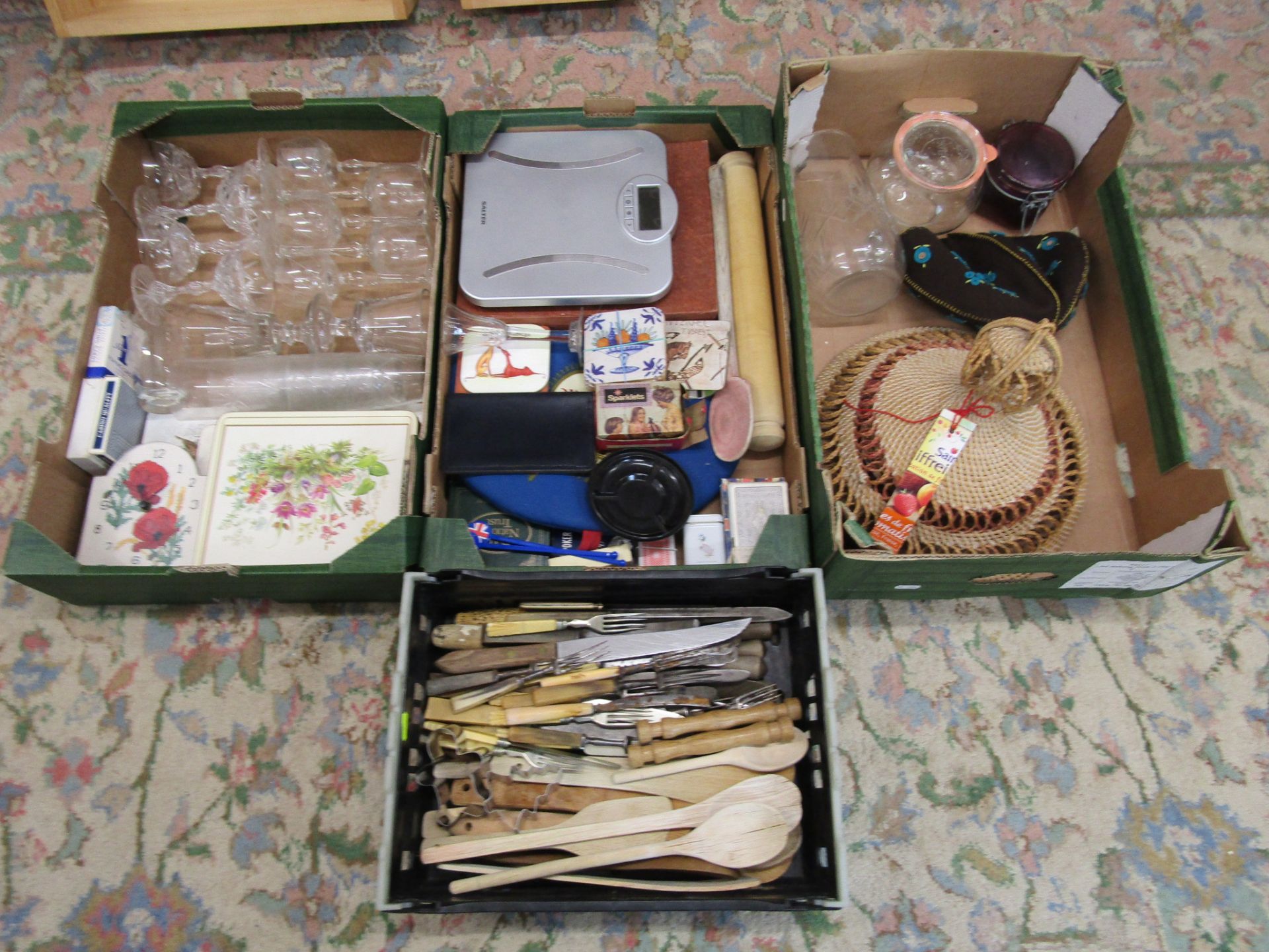 4 Boxes of mixed cutlery, glass and Kitchenalia etc