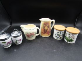 Suzie Cooper jug, Colmans mustard jug, Royal Worcester egg coddlers and Portmeirion lidded pots