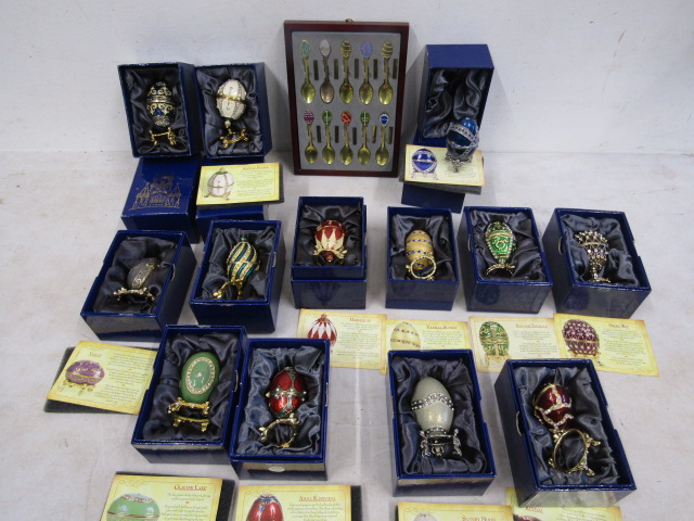 13 Atlas Editions Faberge history eggs, all boxed, most with certs inc spoons