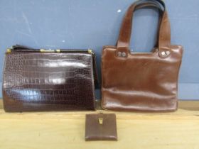 2 ladies handbags - leather mock croc and a brown leather and a small leather purse