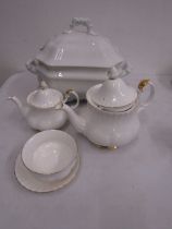 Large white tureen with Royal Albert white and gold teapots (1 chipped)  sugar bowl and cup/saucer