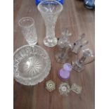 Crystal vases, Coloured glass vase (chipped) glass pair candlesticks