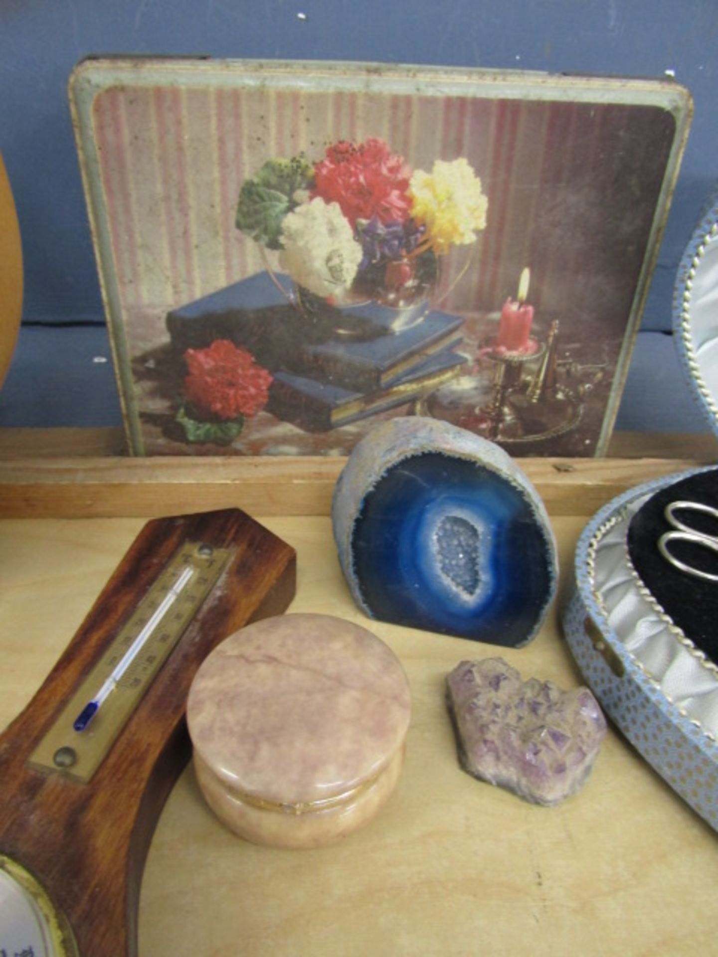 Collectors lot to inc clocks, barometer, tins & buttons, Chinese healing balls etc etc - Image 3 of 8