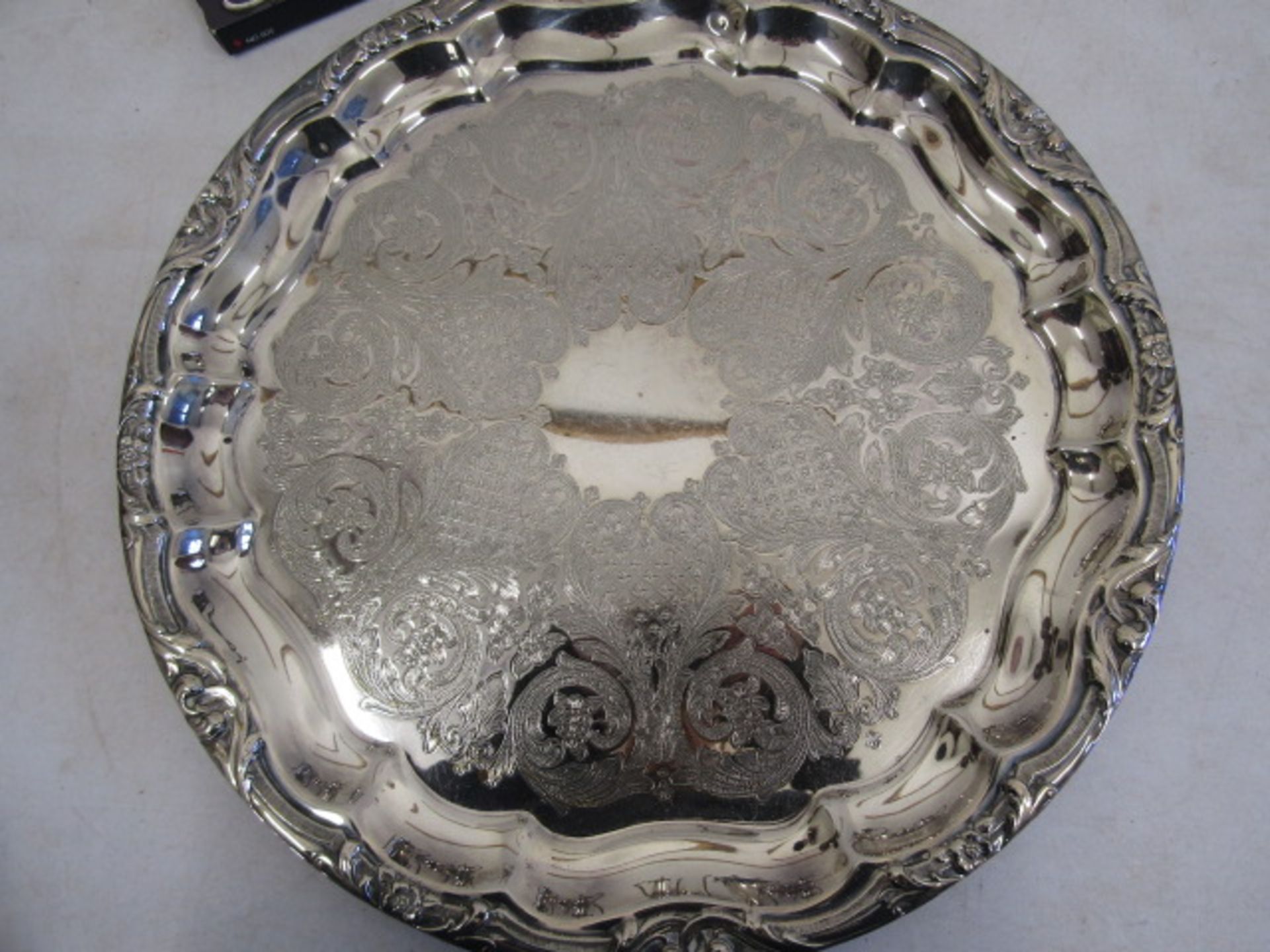 A silver plate coffee, tea pots, sugar bowl, milk jug, sauce boat, grape scissors on a tray - Image 3 of 8