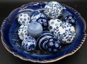 J Kent Vintage Bowl with 12 blue and white porcelain balls of various sizes
