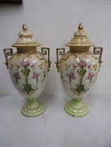 Pair lidded hand painted vases 31cmH