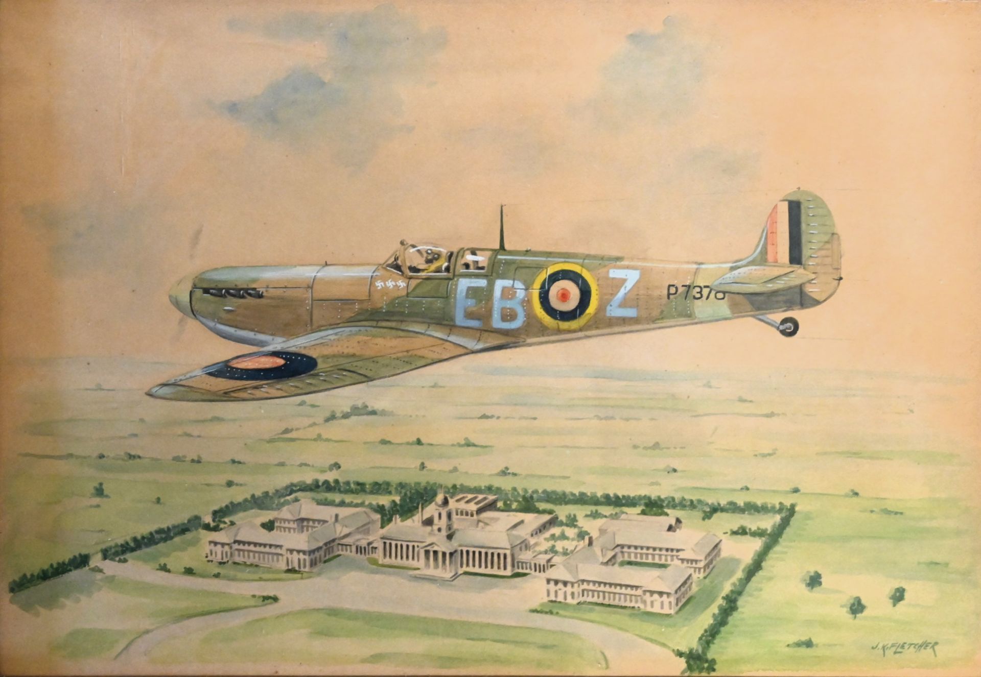 J K Fletcher privately commissioned watercolour of the iconic Supermarine Spitfire flying over RAF
