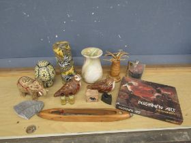Onyx vase, decorative candles, fossil and crushed gold ore etc