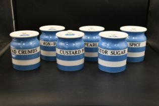 6x T G Green Cornish Ware blue and white vintage ceramic storage jars with lids each with black name