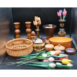 Assorted treen to include candlesticks, vases and quantity of tulips etc.