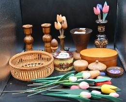 Assorted treen to include candlesticks, vases and quantity of tulips etc.