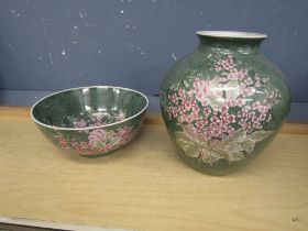 Oriental floral vase and bowl. Vase H28cm approx