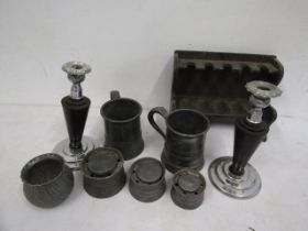 Pewter ink well and tankards, a pipe rack and candle sticks