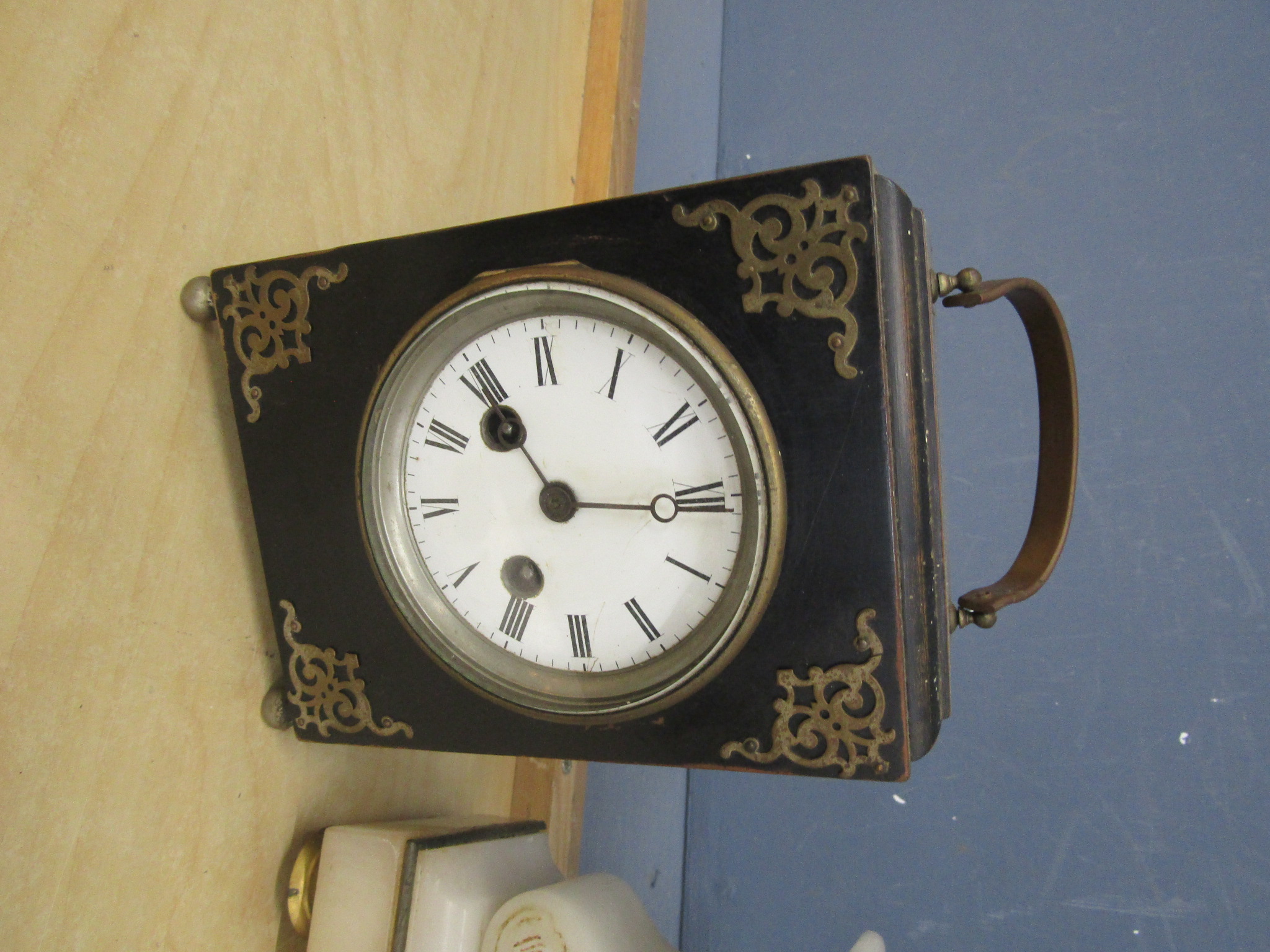 German movement striking mantel clock with ebonised case, French alabaster timepiece and another - Image 2 of 7