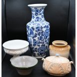 Five assorted pot and vases to include Avonware lidded pot height of tallest approx 45cm