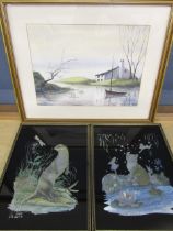 signed watercolour and 2 foil pictures